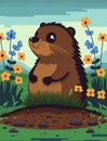 Groundhog day. Groundhog in his burrow. Cartoon graphics