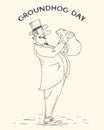 Groundhog day holiday hand drawn illustration.Gentleman and marmot