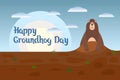 Groundhog Day holiday illustration, cute groundhog on landscape background with text. Postcard, poster