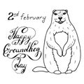 Groundhog Day outline doodle illustration with handwritten lettering. Sketched holiday design set with marmot. Royalty Free Stock Photo