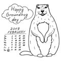 Groundhog Day outline doodle illustration with handwritten lettering. Sketched holiday design set with marmot. Royalty Free Stock Photo