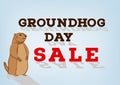 Groundhog day sale inscription on blue background. Cartoon character with shadow. Happy groundhog day sale concept