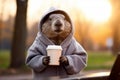 Groundhog in Gray Hoodie Holding Coffee Cup. Urban Morning Theme. Groundhog Day. AI Generated