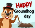 Groundhog in the hat Peeps out smiling and waving his paw.