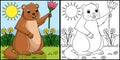 Groundhog Holding Flower Coloring Illustration