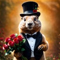 groundhog holding roses bouquet at copy space on red background. Generative AI