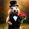 groundhog holding roses bouquet at copy space on red background. Generative AI