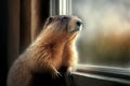 Groundhog looks out the window from his house. Groundhog Day. The concept of the arrival of spring.
