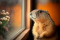 Groundhog looks out the window from his house. Groundhog Day. The concept of the arrival of spring.