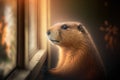 Groundhog looks out the window from his house. Groundhog Day. The concept of the arrival of spring.