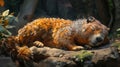 A groundhog napping in the shade of a tree, curled up in a cozy ball with its tail wrapped snugly