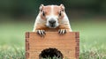 Groundhog peering from wooden box Royalty Free Stock Photo