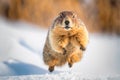 Groundhog runs in the snow. Groundhog Day.