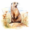 Groundhog Sitting on Rock Watercolor
