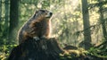 A groundhog sitting on a tree stump in a forest, with sunlight filtering through the trees and casting dappled shadows Royalty Free Stock Photo