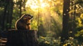 A groundhog sitting on a tree stump in a forest, with sunlight filtering through the trees and casting dappled shadows.life of Royalty Free Stock Photo