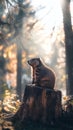 A groundhog sitting on a tree stump in a forest, with sunlight filtering through the trees and casting dappled shadows.life of Royalty Free Stock Photo