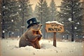 Groundhog in snowy forest with hat and sign questioning spring or winter Royalty Free Stock Photo