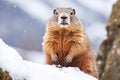 Groundhog in snowy setting looking