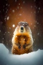 Groundhog standing on its hind legs in snow storm with snow falling on it. Generative AI Royalty Free Stock Photo