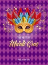 Vector colorful poster to traditional carnival Mardi Gras in New Orleans with mask, harlequin, fireworks