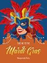 Vector colorful poster with smiling girl to traditional carnival Mardi Gras in New Orleans with mask, harlequin, fireworks