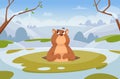 Groundhogs background. Time loop day concept cartoon illustration with wild animal character groundhog in action pose Royalty Free Stock Photo