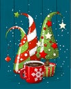 Group of abstract christmas trees and coffee cup, holiday motive, illustration