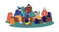 Group of active friends sitting by campfire together vector flat illustration. Tourist camper characters cooking food