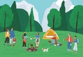 Group of active people spending time at camping in forest vector flat illustration. Backpackers and hikers relaxing near