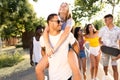 Group of active teenagers making recreational activity in an urban area. Royalty Free Stock Photo