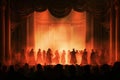 A group of actors in elaborate costumes performs on a stage illuminated by warm lighting, captivating an engaged Royalty Free Stock Photo