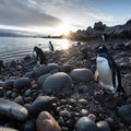 Adelie Penguins Huddled on Rocky Shoreline with Breathtaking Antarctic Landscape in Background