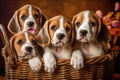 Group of Adorable Beagle Puppies Sitting in a Basket, Generative AI