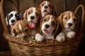 Group of Adorable Beagle Puppies Sitting in a Basket, Generative AI