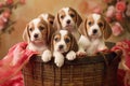 Group of Adorable Beagle Puppies Sitting in a Basket, Generative AI