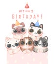 Group of adorable birthday kitten cats head in different breeds Meowy birthday watercolor illustration greeting card Royalty Free Stock Photo