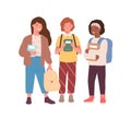 Group of adorable diverse classmates girls standing together vector flat illustration. Happy female pupils friends