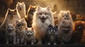 group of adorable pomeranian dogs and cats