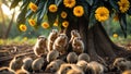 Adorable Group of Baby Gophers Underneath a Blooming Yellow Flower Tree Royalty Free Stock Photo