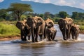 Group Adult Elephants in savannah river. Created with Generative AI