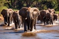 Group Adult Elephants in savannah river. Created with Generative AI