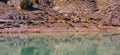 group of adult people with colorful backpack trekking on a path of sand and stones walking next to a lake reflecting their images