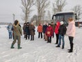 A group of adults on an excursion to the Falconry Center in Mytishchi district.