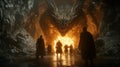 A group of adventurers confronts a massive dragon in a dark cave illuminated by a mysterious glow Royalty Free Stock Photo