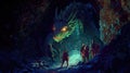A group of adventurers confronts a massive dragon in a dark cave illuminated by a mysterious glow Royalty Free Stock Photo