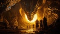A group of adventurers confronts a massive dragon in a dark cave illuminated by a mysterious glow Royalty Free Stock Photo