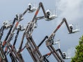 Group of aerial work platforms for construction and material handling. Close-up on the metal lift