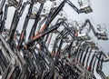 Group of aerial work platforms for construction and material handling. Close-up on the metal lift