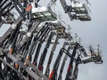 Group of aerial work platforms for construction and material handling. Close-up on the metal lift